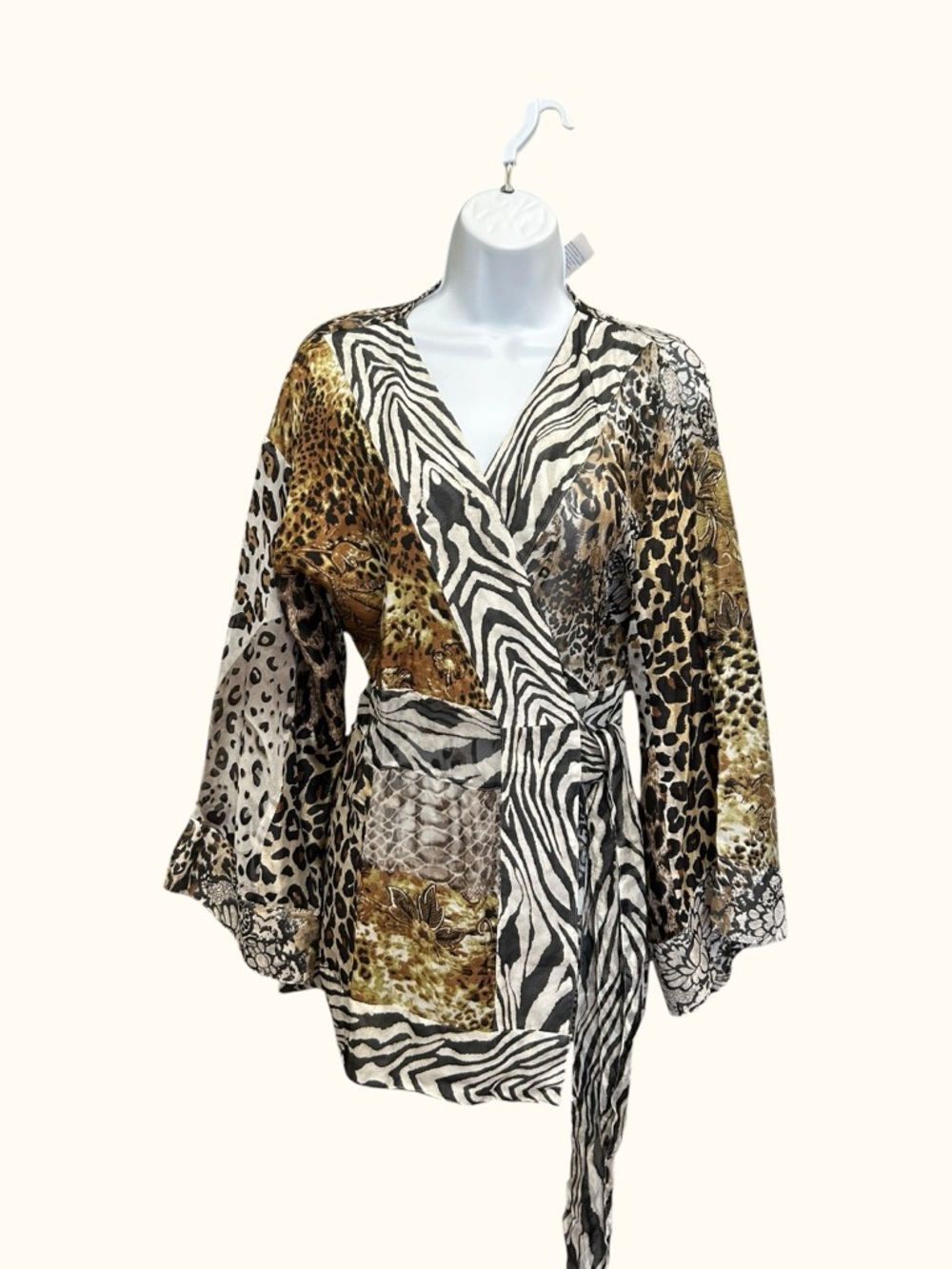 DG2 by Diane Gilman Silk Patchwork Animal Print Tunic Wrap Top Size S
